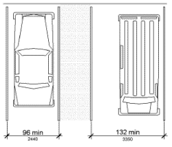 Two marked parking spaces are shown in plan view.  The car space is 96 inches (2440 mm) wide minimum and the van space is 132 inches (3350 mm) wide minimum, with an access aisle between them.