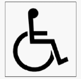 Pictogram that shows the simplified profile of a person seated in a wheelchair.
